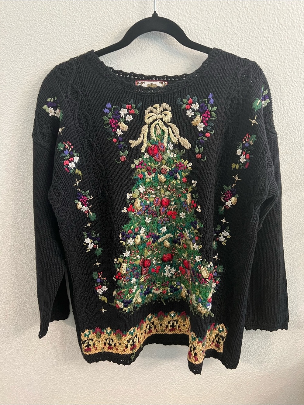 Tiara Black Embroidered Christmas Tree Crewneck Sweater